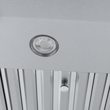 Close-up of Proline PLJW 117 range hood, stainless steel, vent slats, baffles; 900 CFM. ProlineRangeHoods.com.
