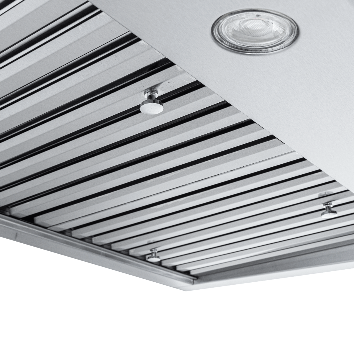 Modern ceiling with recessed lights, black slats, echoing the Proline PLJW 117 range hood style. ProlineRangeHoods.com.