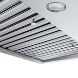 Modern ceiling with recessed lights, black slats, echoing the Proline PLJW 117 range hood style. ProlineRangeHoods.com.