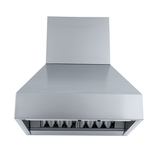 The ProlineRangeHoods.com Test Wall Mount Hood features ducted stainless steel, variable CFM & outdoor-rated finish.