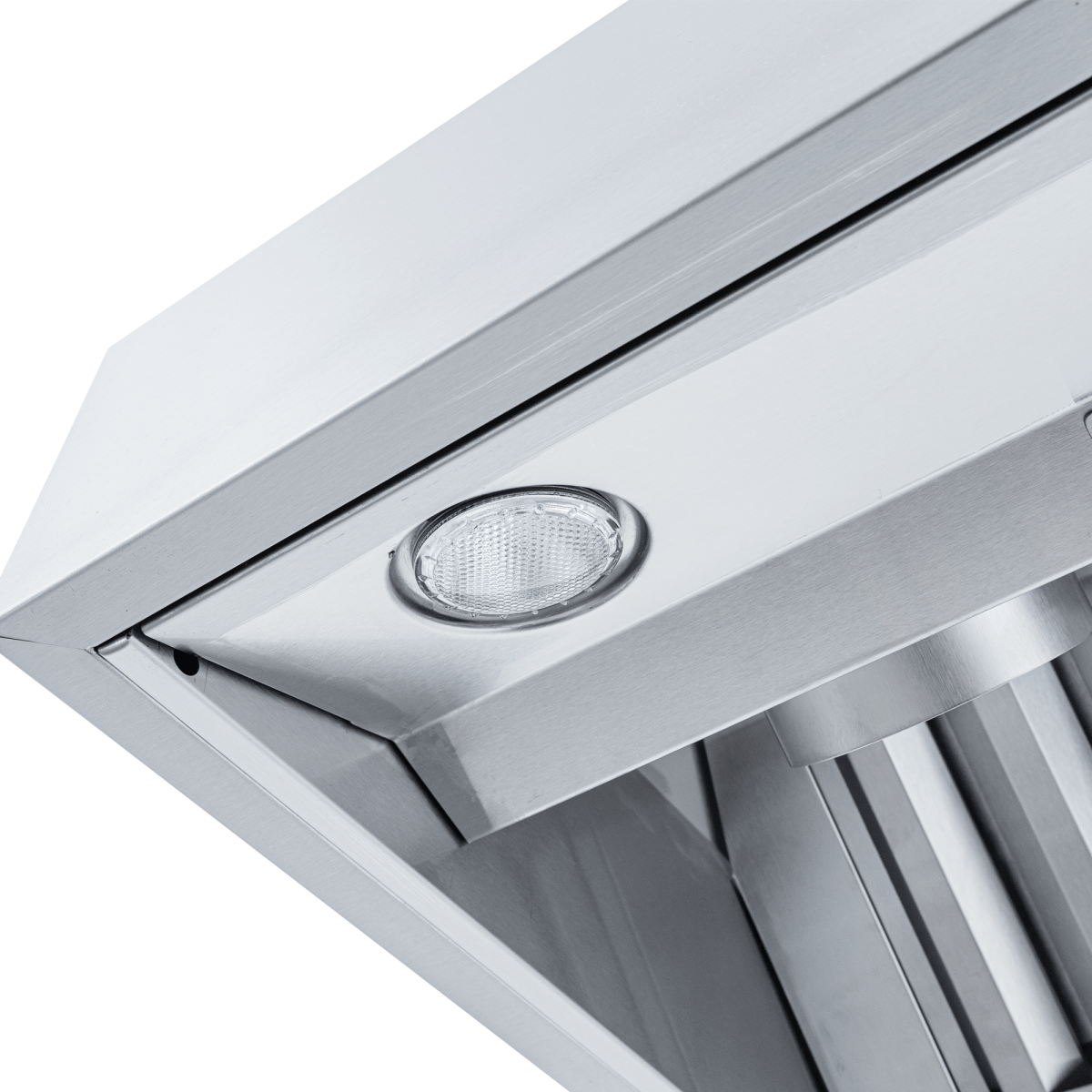 ProlineRangeHoods.com: Close-up of the Proline Test Wall Mounted Range Hood—stainless, variable CFM, outdoor rated.