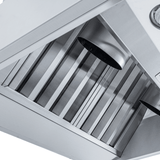 ProlineRangeHoods.com: Close-up of the Proline Test Wall Mounted Hood—stainless, variable CFM, outdoor rated.