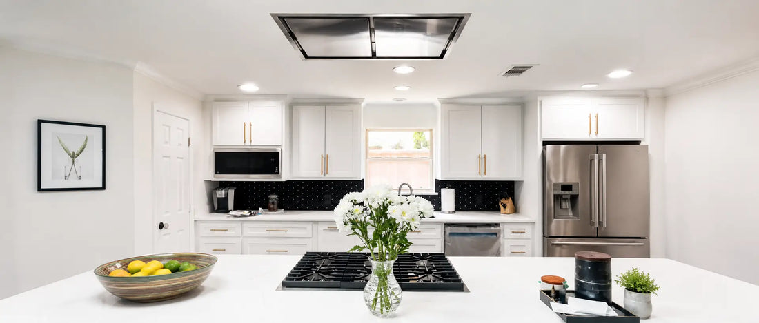 Modern kitchen with a ceiling-flush range hood installed above the cooktop