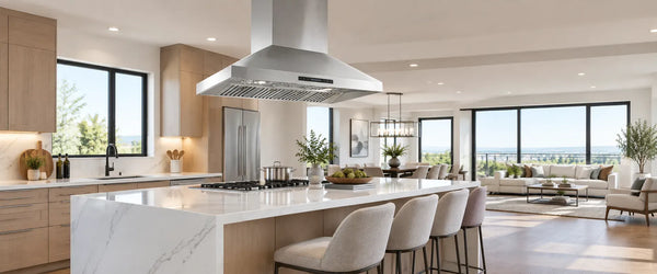 Modern island range hood above a kitchen island in a bright open-concept kitchen with dining and living areas