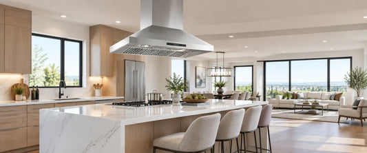Modern island range hood above a kitchen island in a bright open-concept kitchen with dining and living areas
