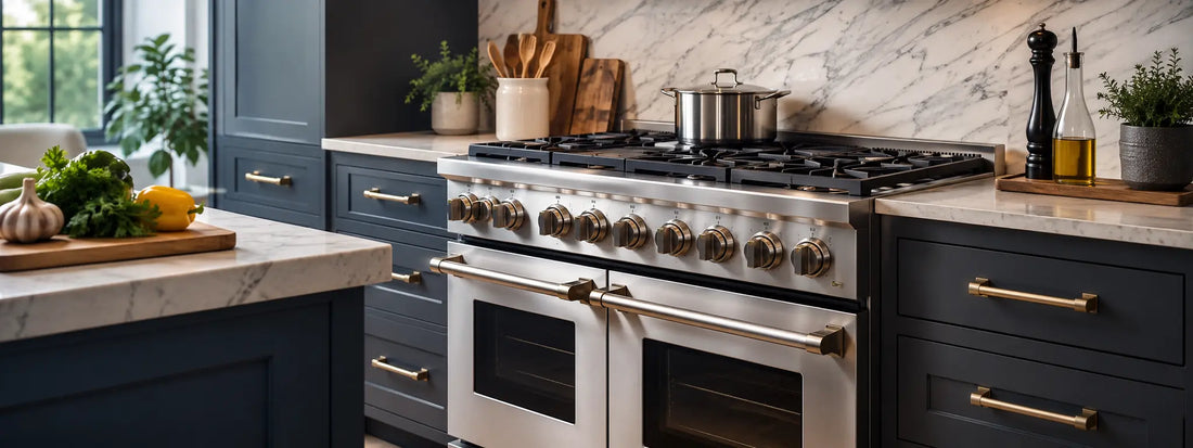 Professional stainless steel gas range in a modern kitchen with dual ovens and high-BTU burners