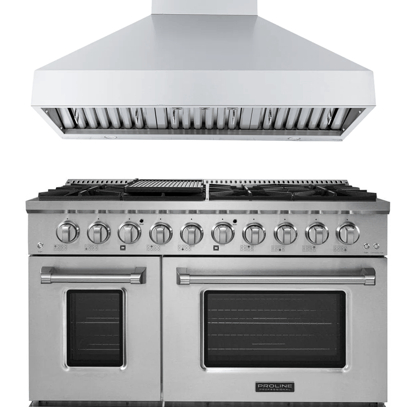 The Proline PLSR 48" Range & PLJW 104 48" Hood—save 10% at ProlineRangeHoods.com. Double ovens, 8 burners.