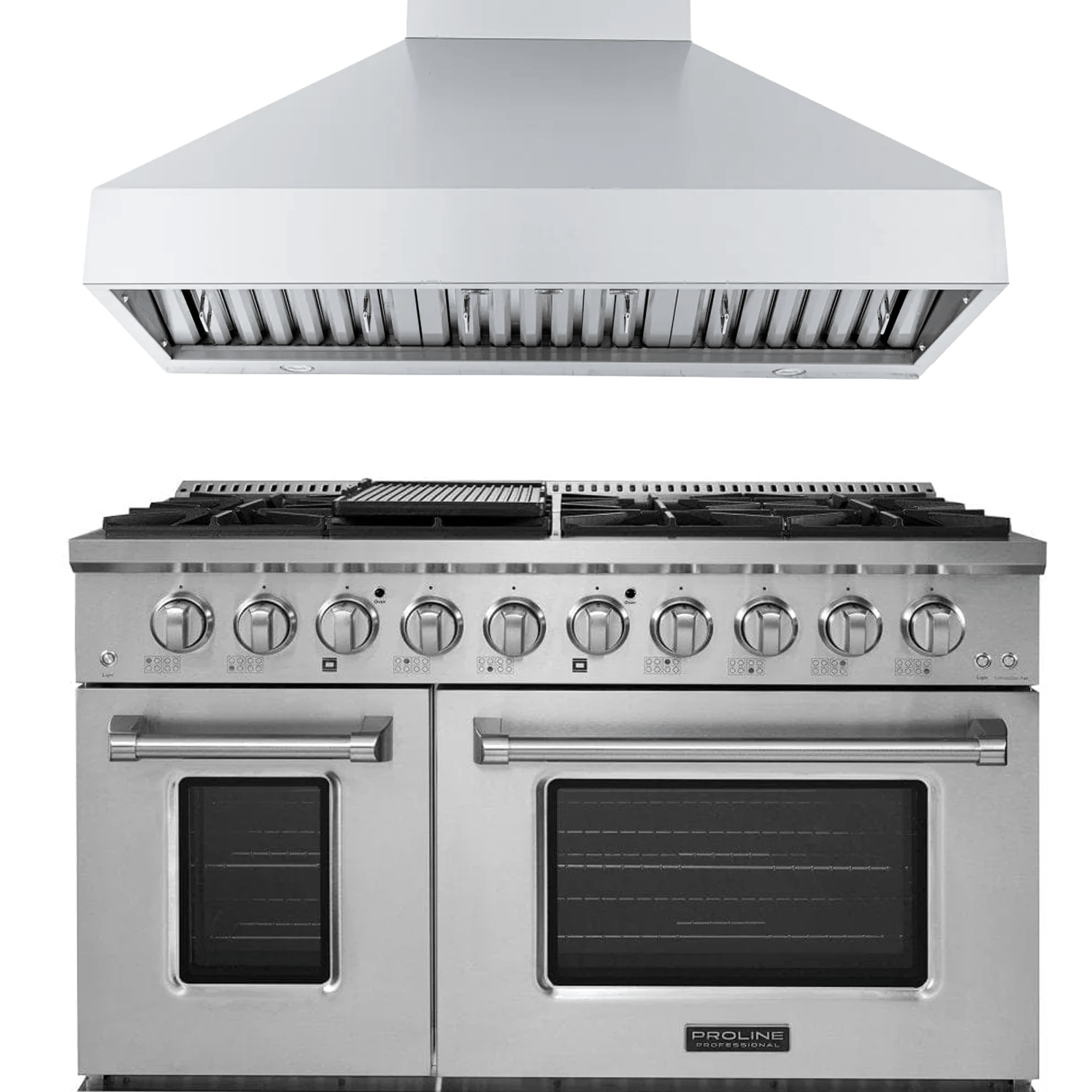 PLSR 48" range & PLJW 104 48" hood bundle—save 10% at ProlineRangeHoods.com. Dual doors and stovetop included.