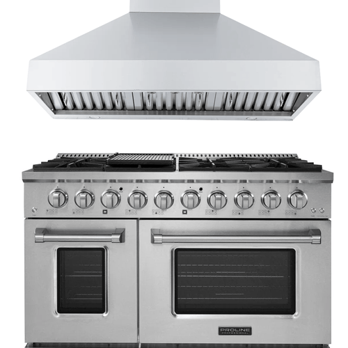 PLSR 48" range & PLJW 104 48" hood bundle—save 10% at ProlineRangeHoods.com. Dual doors and stovetop included.