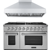 PLSR 48" range & PLJW 104 48" hood bundle—save 10% at ProlineRangeHoods.com. Dual doors and stovetop included.