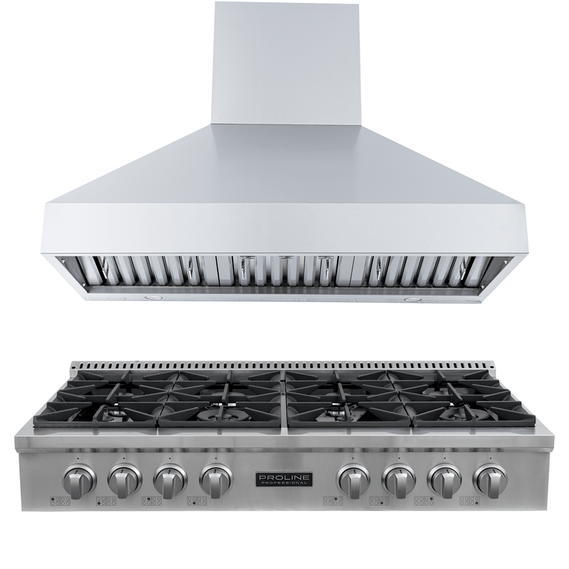 ProlineRangeHoods.com Proline PLST 48" Gas Range + PLJW 104 SS Hood Bundle, 6 burners, front view—save 10%.