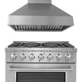 ProlineRangeHoods.com: Save 10% on Proline PLSR 36" Gas Range & PLJW 104 Wall Hood—sleek front-view kitchen set.