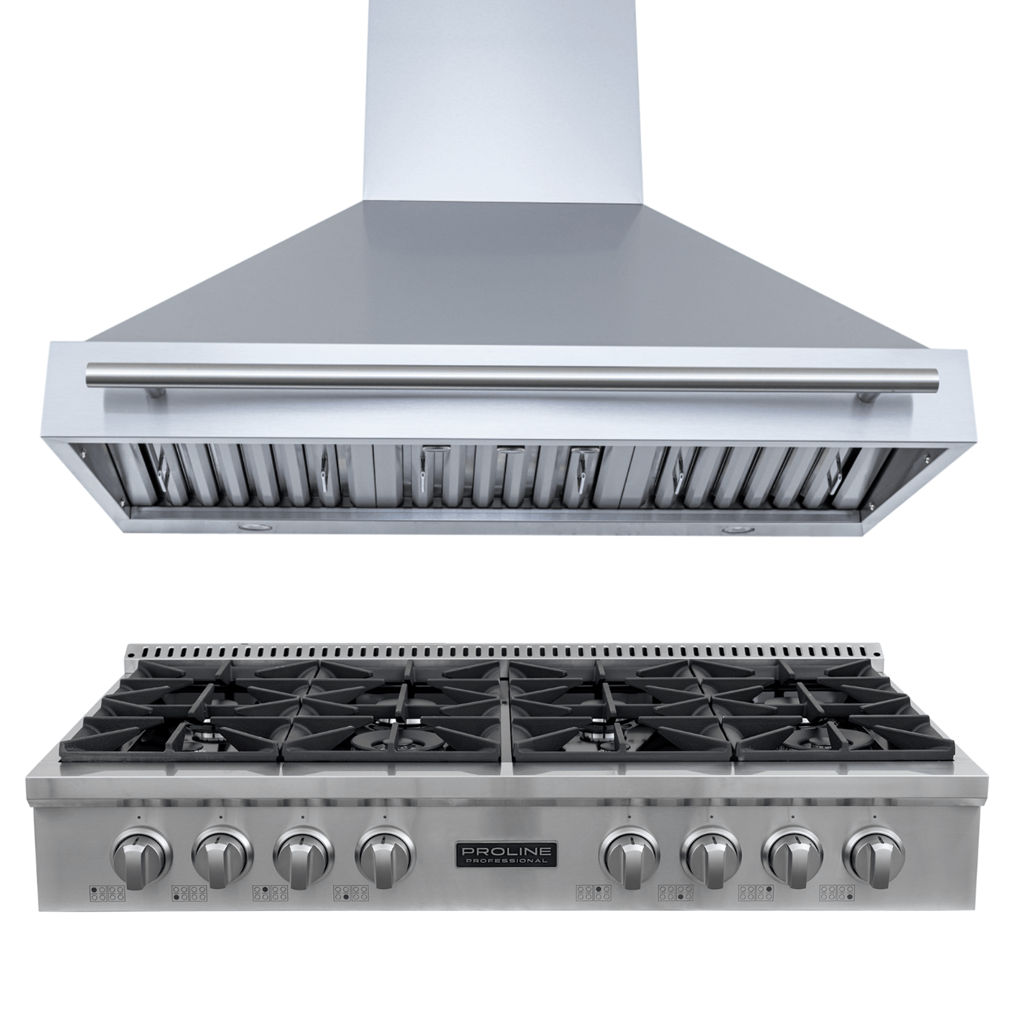 PLST 48" Gas Range & PLJW 104 Range Hood (front view) bundle—save 10% at ProlineRangeHoods.com.