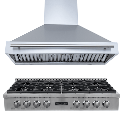 PLST 48" Gas Range & PLJW 104 Range Hood (front view) bundle—save 10% at ProlineRangeHoods.com.