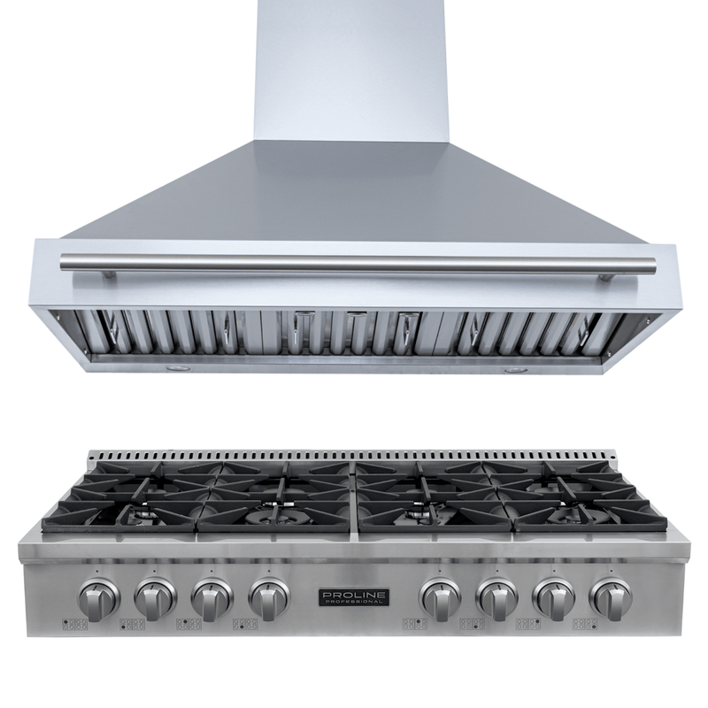 PLST 48" Gas Range & PLJW 104 Range Hood (front view) bundle—save 10% at ProlineRangeHoods.com.