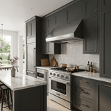 Modern kitchen with gray cabinets, marble counters, Proline PLSR 30" range & PLJW 109 hood. Save 10% at ProlineRangeHoods.com.
