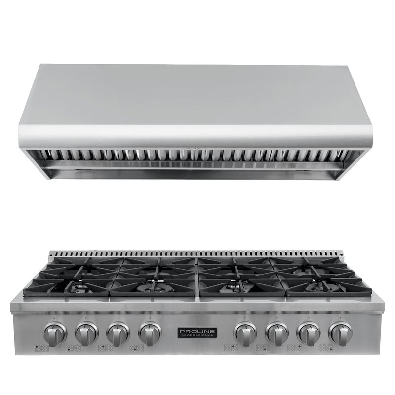 The ProlineRangeHoods.com PLST 48" Gas Range & PLJW 109 Hood Bundle has six burners, knobs & saves you 10%.