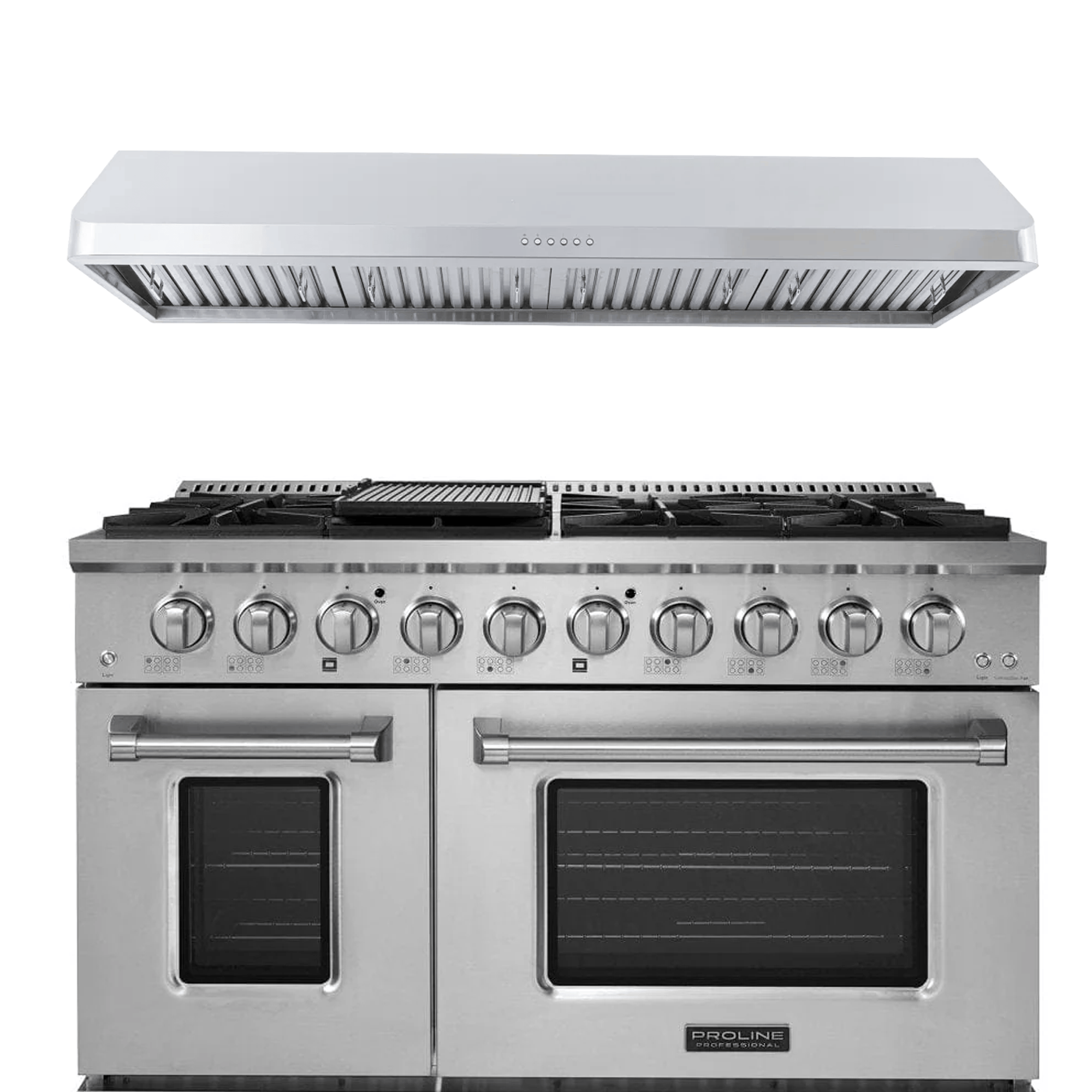 Proline PLSR 48" Range & PLJW 121 Hood Bundle: double oven, many burners—save 10% at ProlineRangeHoods.com.