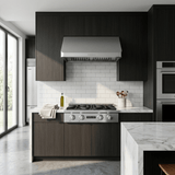 Modern kitchen with dark cabinets, marble counters, Proline PLST 30" Gas Range + Hood Bundle—save 10% at ProlineRangeHoods.com.