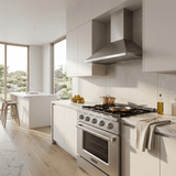 Modern kitchen, white cabinets, Proline PLSR 30 range & PLJW 129 hood, sunlight; ProlineRangeHoods.com.