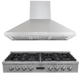ProlineRangeHoods.com PLST 48" Gas Range & PLJW 129 Hood bundle, 8 burners, control knobs, stainless hood, front view.