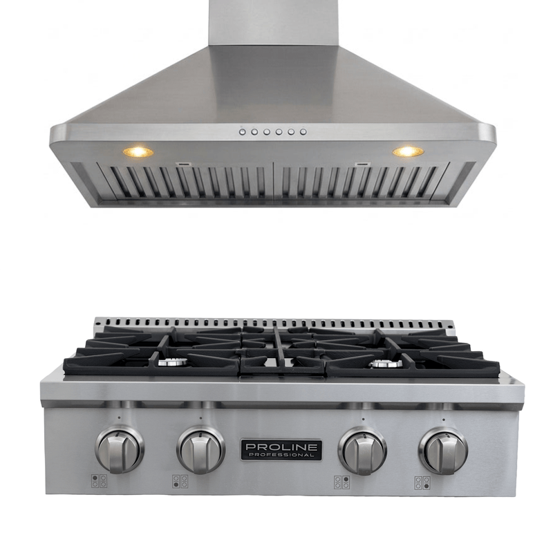 Proline PLST 30" Gas Range & PLJW 129 Hood: 4 burners, LED lights, stainless—save 10% at ProlineRangeHoods.com.