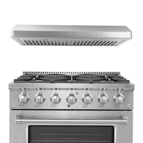The Proline PLSR 36" range and PLJW 185 hood, front view. Save 10% on this bundle at ProlineRangeHoods.com.