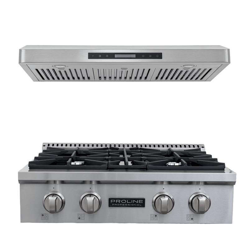 Proline PLST 30" Gas Range & PLSW 185 Hood Bundle, four burners, easy controls, save 10% at ProlineRangeHoods.com.