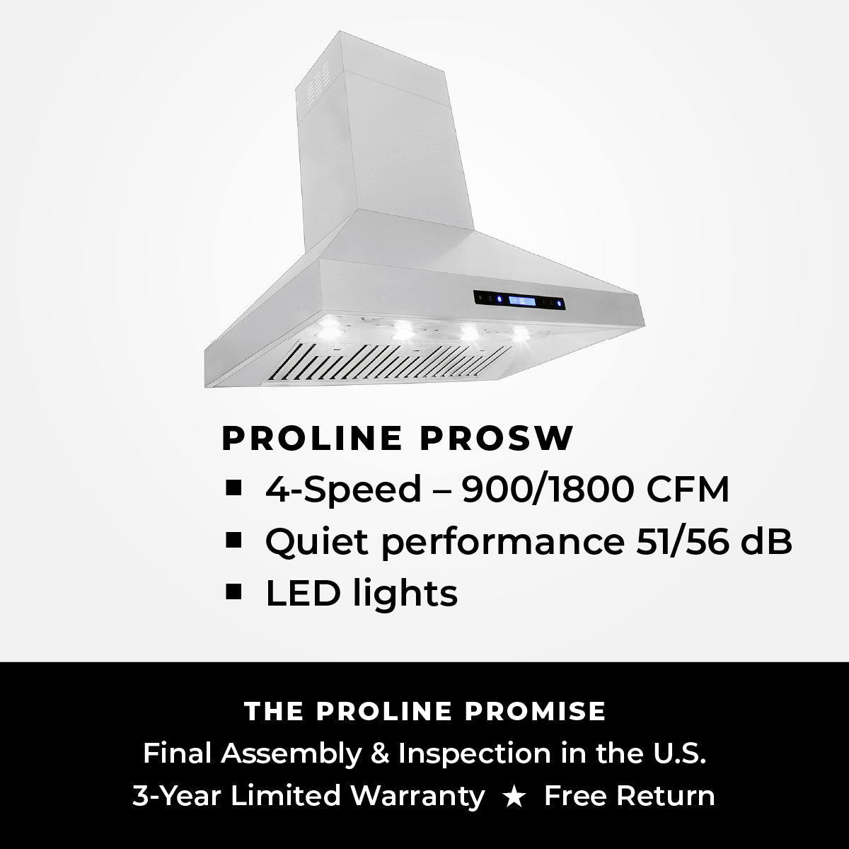 30, 36 - inch Efficient Wall Range Hood, Ducted, Up to 1800 CFM, Stainless Steel | Proline PLJL ProSW - Proline Range HoodsHome & Garden > Kitchen & Dining > Kitchen Appliances > Range HoodsProSW.30