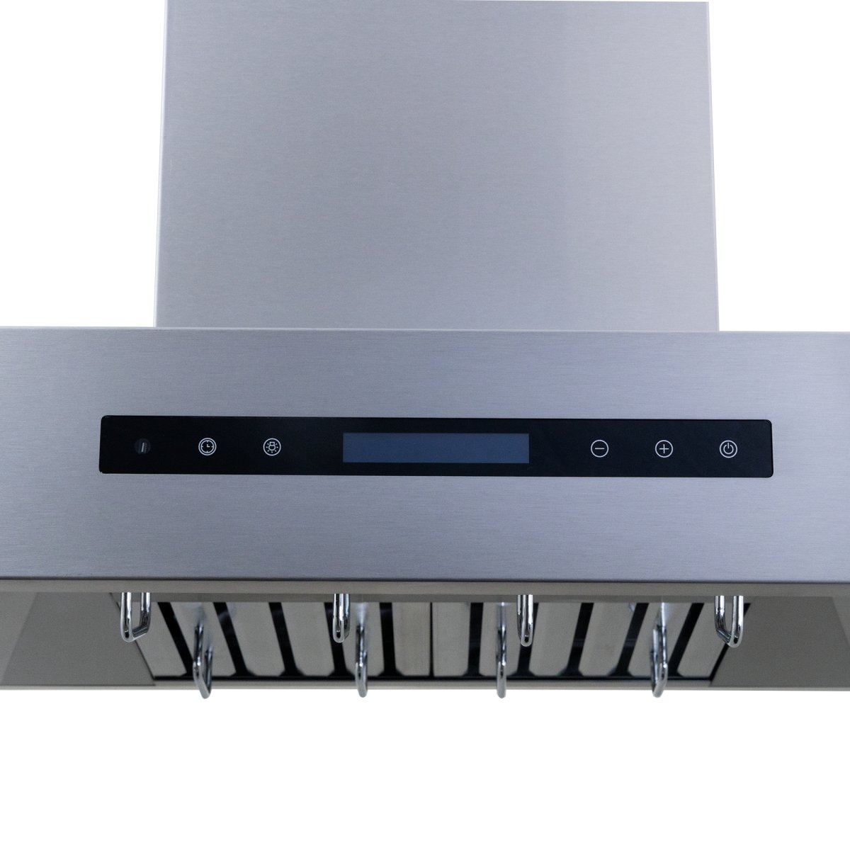 Introducing the Proline Range Hoods' 30-36-inch Island Range Hood from ProlineRangeHoods.com, with 1100 CFM dual motors and digital controls.