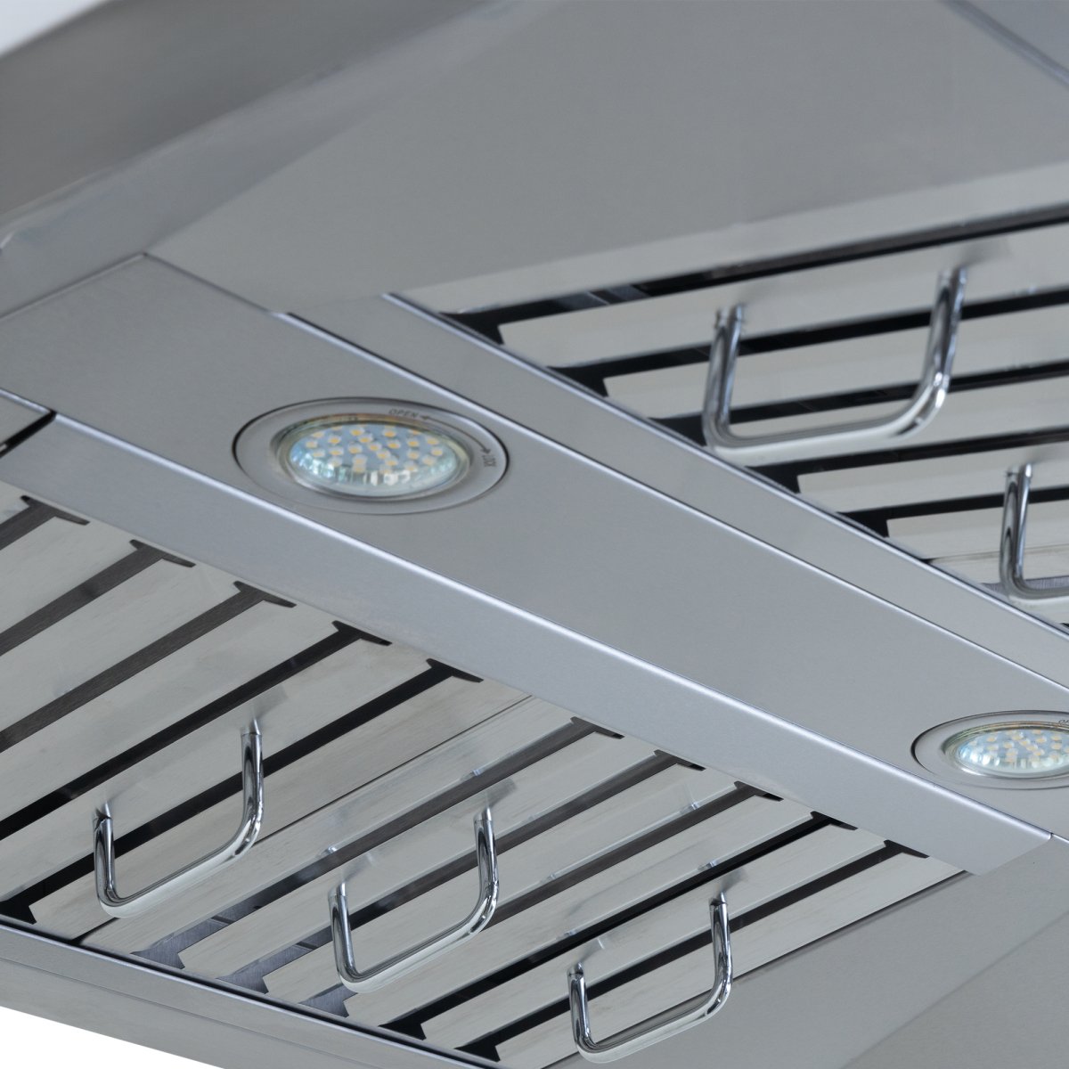 Close-up of the Proline PLFI 755 Island Range Hood at ProlineRangeHoods.com, featuring LED lights, metal filters & LCD controls.