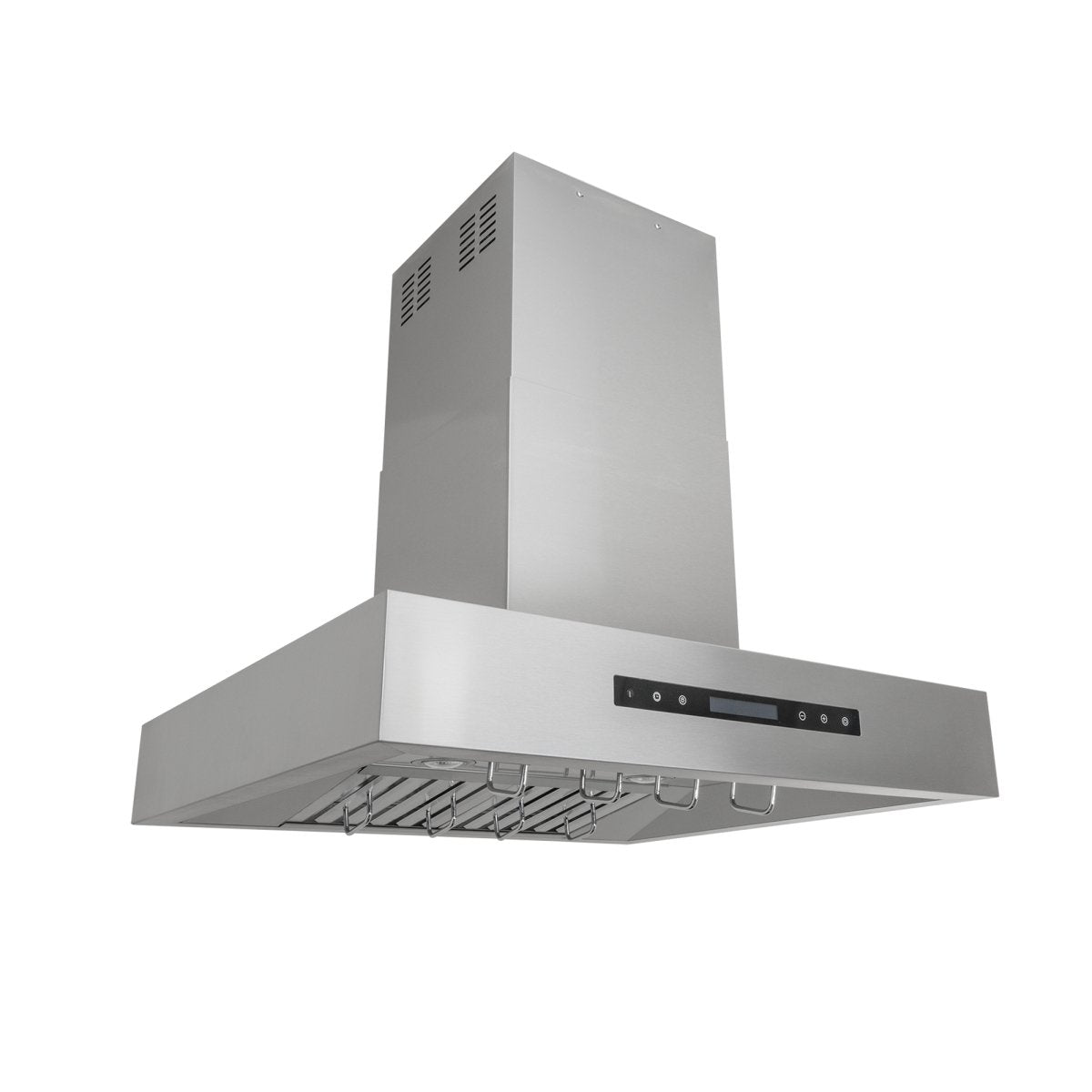 Island Range Hood by ProlineRangeHoods.com: 1100 CFM, stainless, dual motors, LCD controls. Model PLFI 755 with outdoor finish.