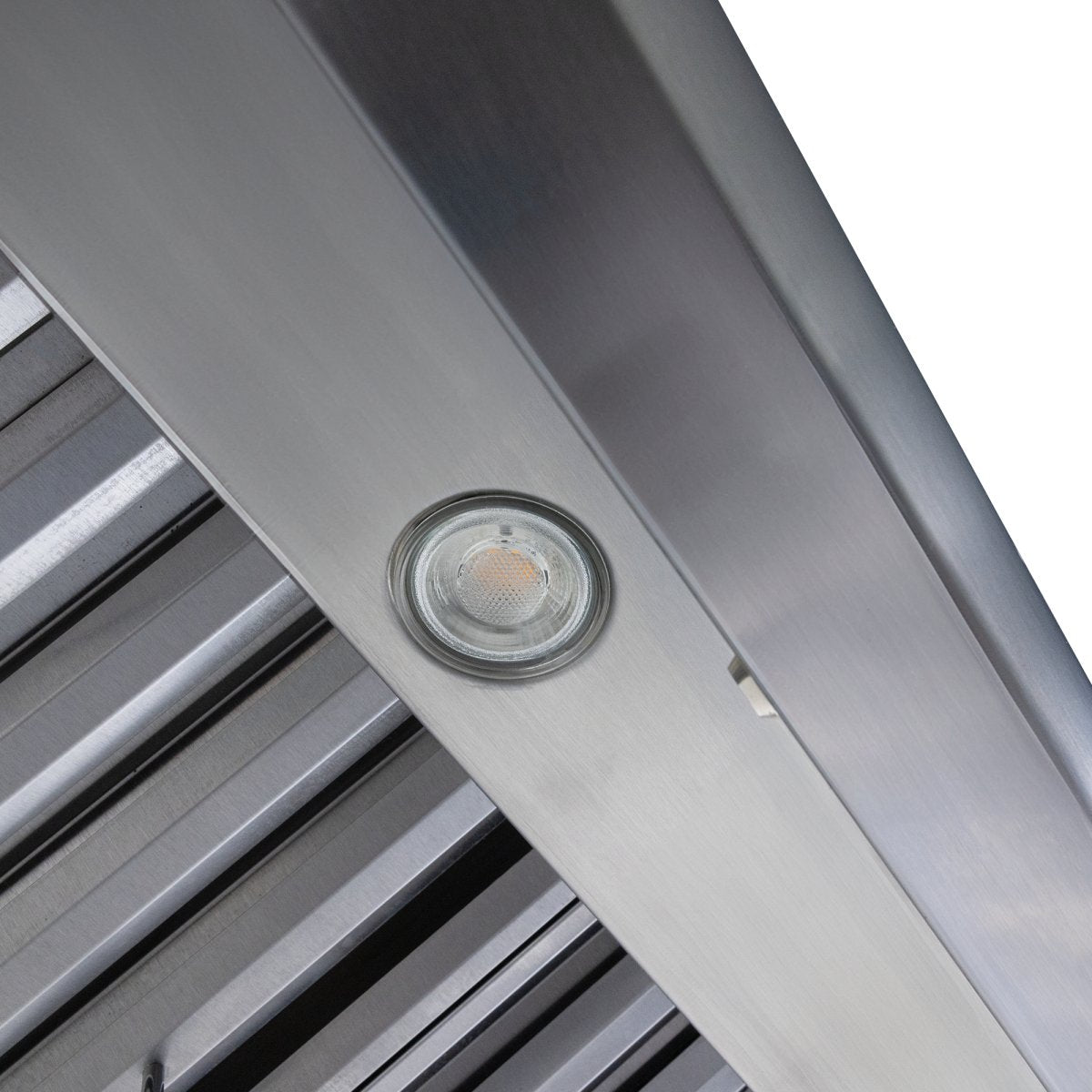 Close-up of a stainless steel ceiling, featuring the ProlineRangeHoods.com PLJW 109 Wall-Mounted Range Hood with options.