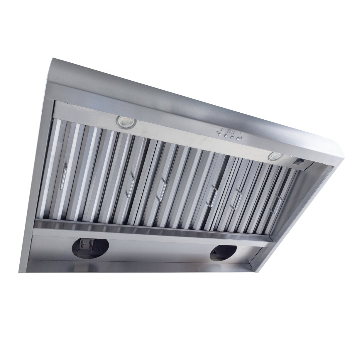 Viewed from below, ProlineRangeHoods.com's Wall-Mounted Range Hood features a stainless steel finish with high-performance ventilation.