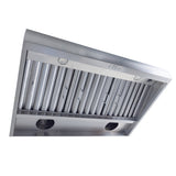 Viewed from below, the Proline Range Hoods 30-36 inch Wall-Mounted Range Hood (Proline PLJW 109) features a stainless steel finish, vent slats, built-in lights, and a convertible design for versatile installation options up to 1000 CFM and outdoor-rated functionality. Visit **ProlineRangeHoods.com** for more details.