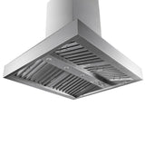 Island Range Hood by ProlineRangeHoods.com, in stainless steel finish, boasts vent slots, lights, and dual motors.