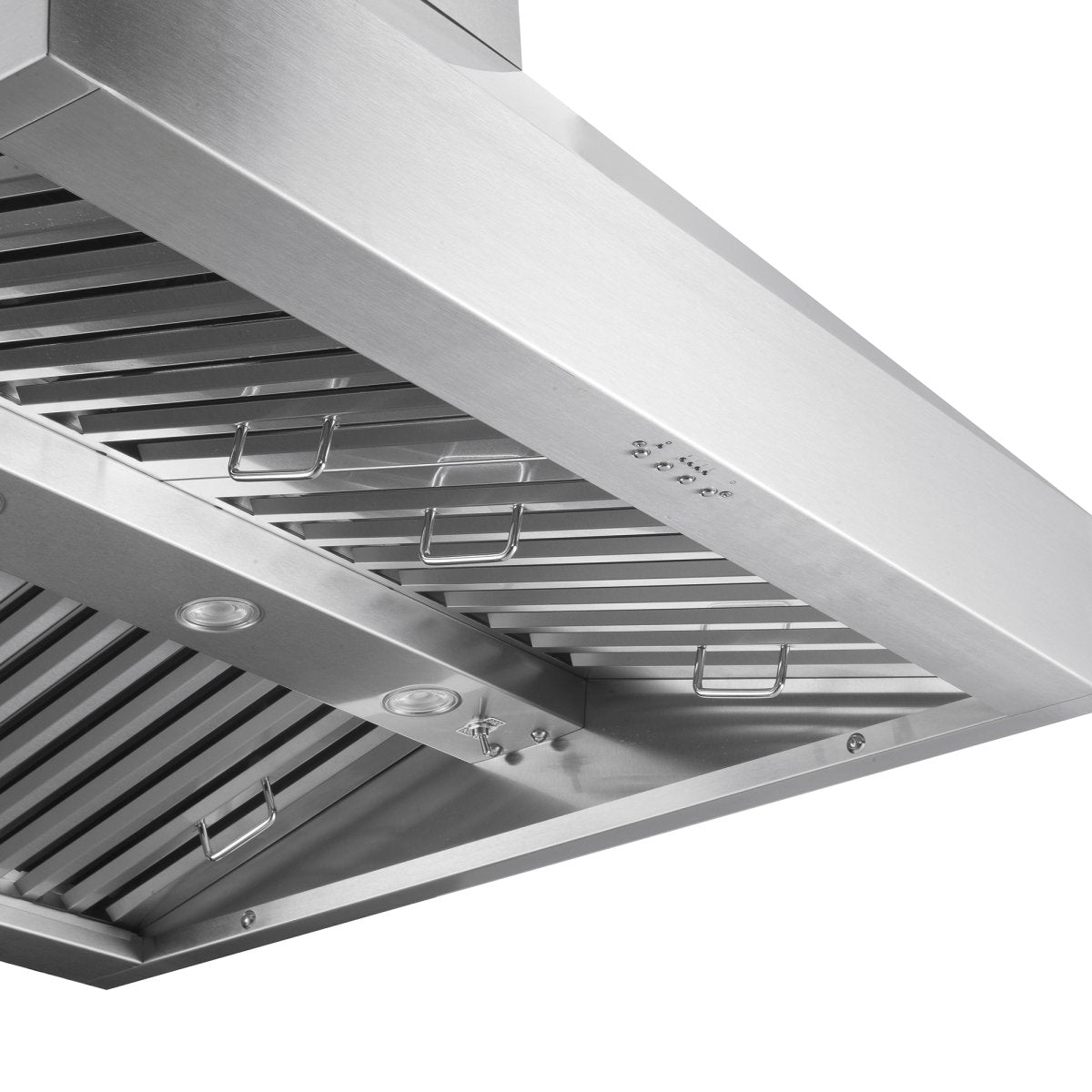 Detailed view of the Proline PLJI 103 Island Range Hood by ProlineRangeHoods.com, featuring stainless steel, dual motors, and built-in lights. Sleek design with integrated slats and 1200 CFM.