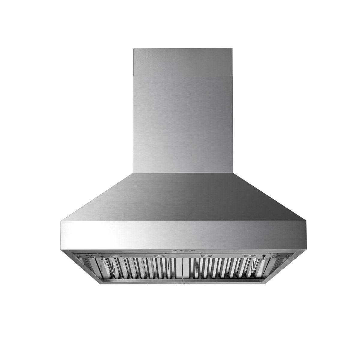 The ProlineRangeHoods.com Island Range Hood, model PLJI 103, boasts a sleek stainless finish and robust 1200 CFM dual motors.