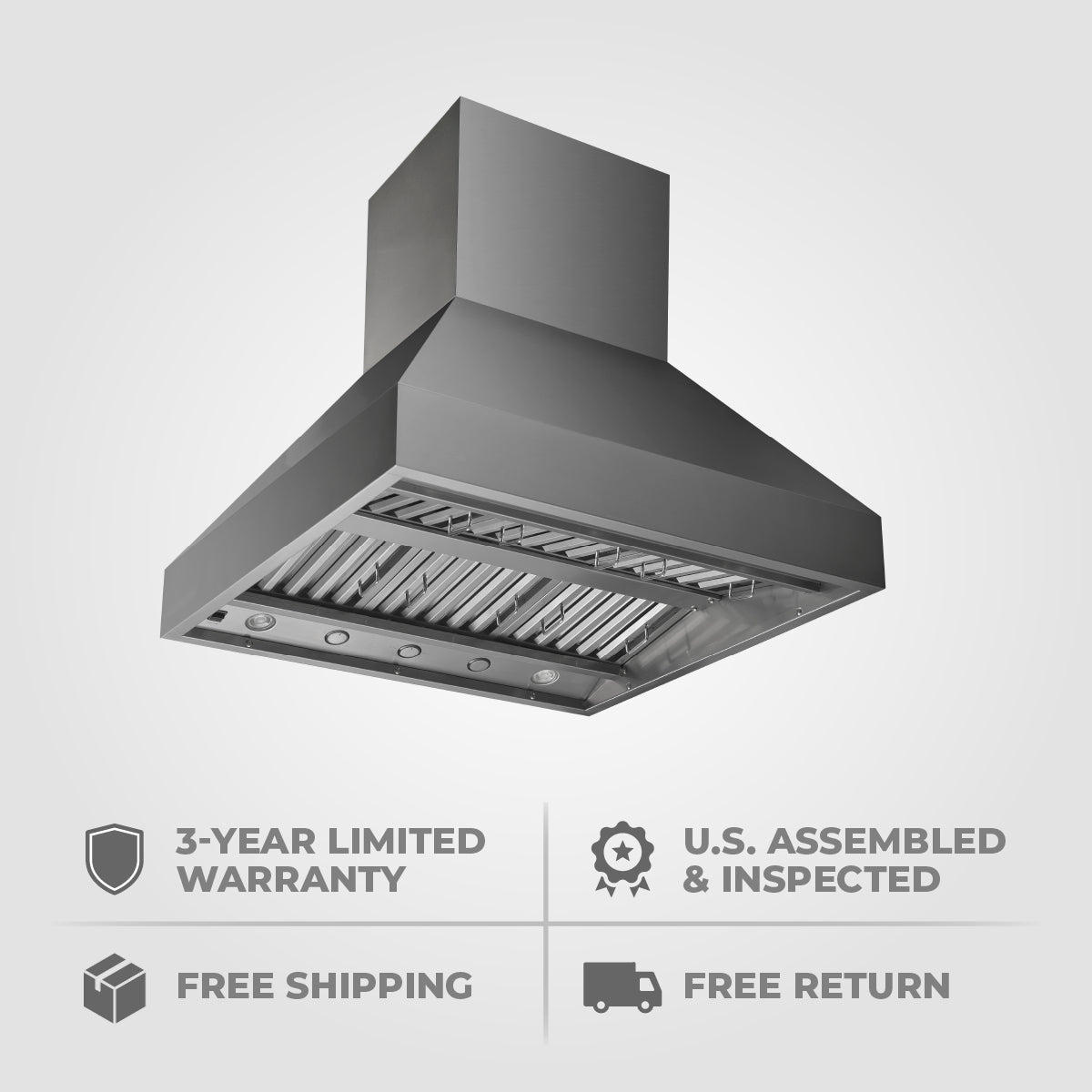 The Proline Range Hoods Island Range Hood (PLGI 104 304SS) at ProlineRangeHoods.com is made from weather-resistant 304 SS and features dual motors. It includes icons for a 3-year warranty, U.S. assembly, free shipping, and free returns.