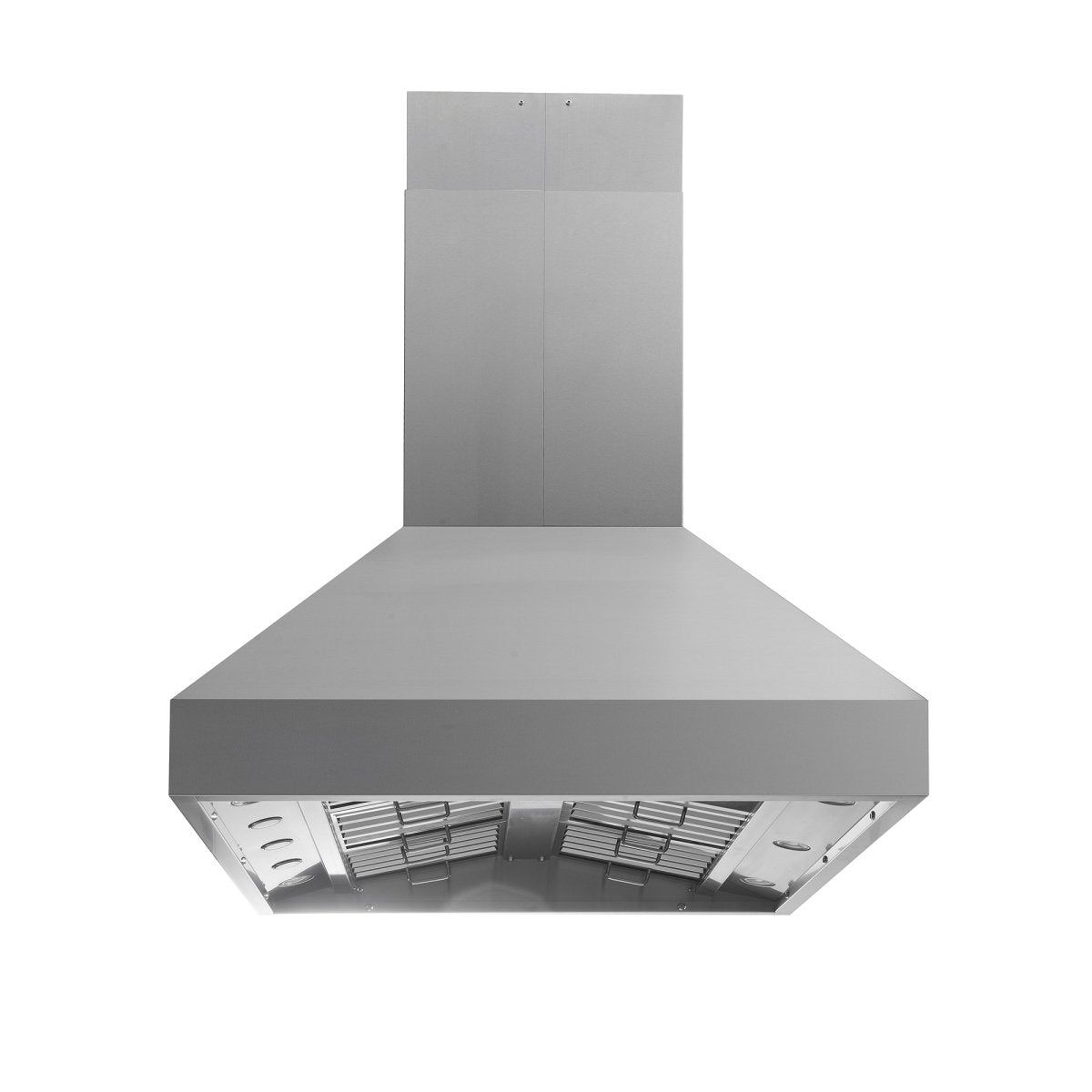 Introducing the Island Range Hood by ProlineRangeHoods.com: sleek design in 304 stainless steel, lights, dual motors, 1600 CFM.