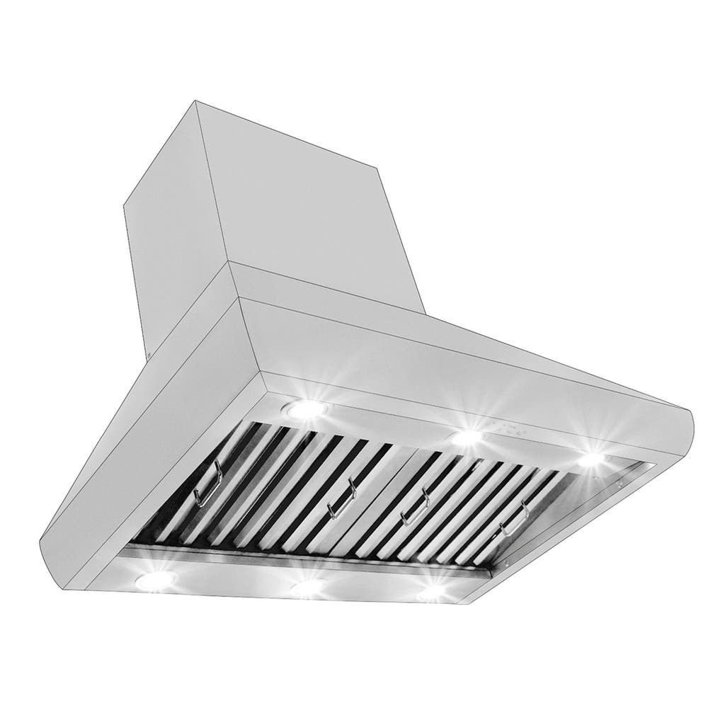 ProlineRangeHoods.com Wall-Mounted Range Hood boasts a sleek stainless design, bright lighting, and 1200 CFM airflow.