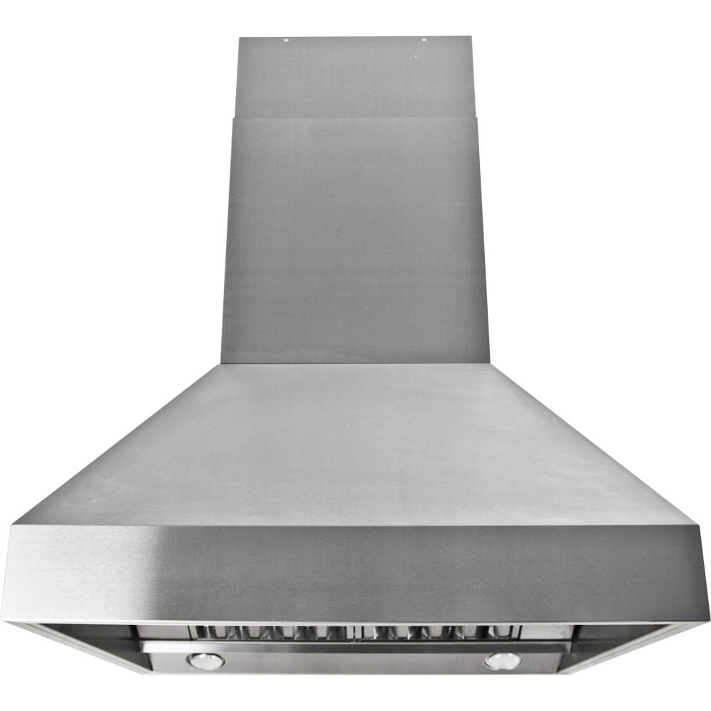 The Proline PLJI 103, a 36-inch island range hood from ProlineRangeHoods.com, has built-in lighting, a slim chimney, and dual motors delivering 1200 CFM.