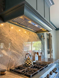 Modern kitchen with marble backsplash, checkered kettle, utensil holder, and the Proline PLFL 832 SS Range Hood (1000 CFM) from ProlineRangeHoods.com.