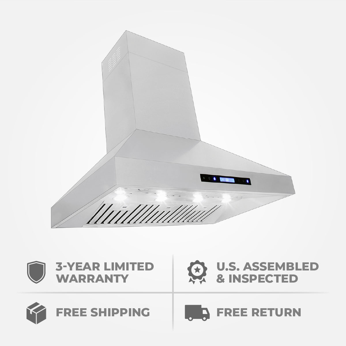 Presenting the Proline Range Hoods ProSW.54 from ProlineRangeHoods.com: a modern 54-60 inch wall-mounted range hood with 1800 CFM airflow, intuitive LCD touch controls, free shipping, and returns.