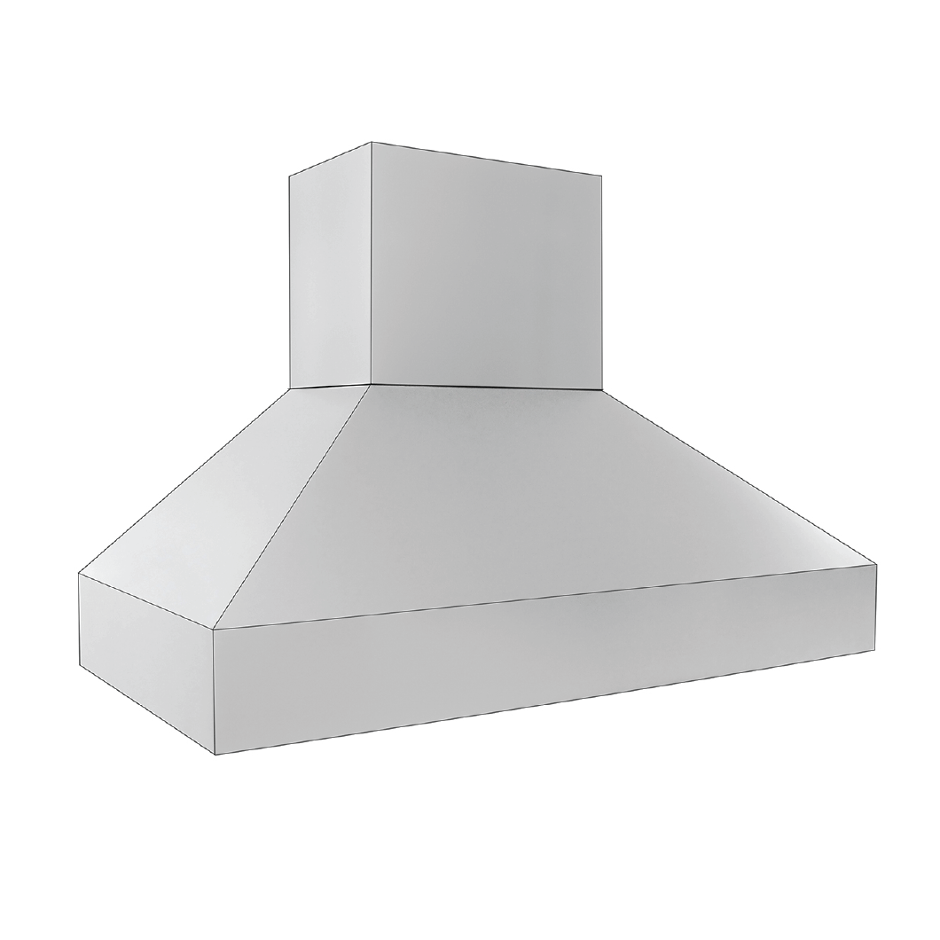 A minimalist stainless steel range hood with cubic top section and 1300 CFM blower: ProlineRangeHoods.com ProV 60WC 430/304 SS.