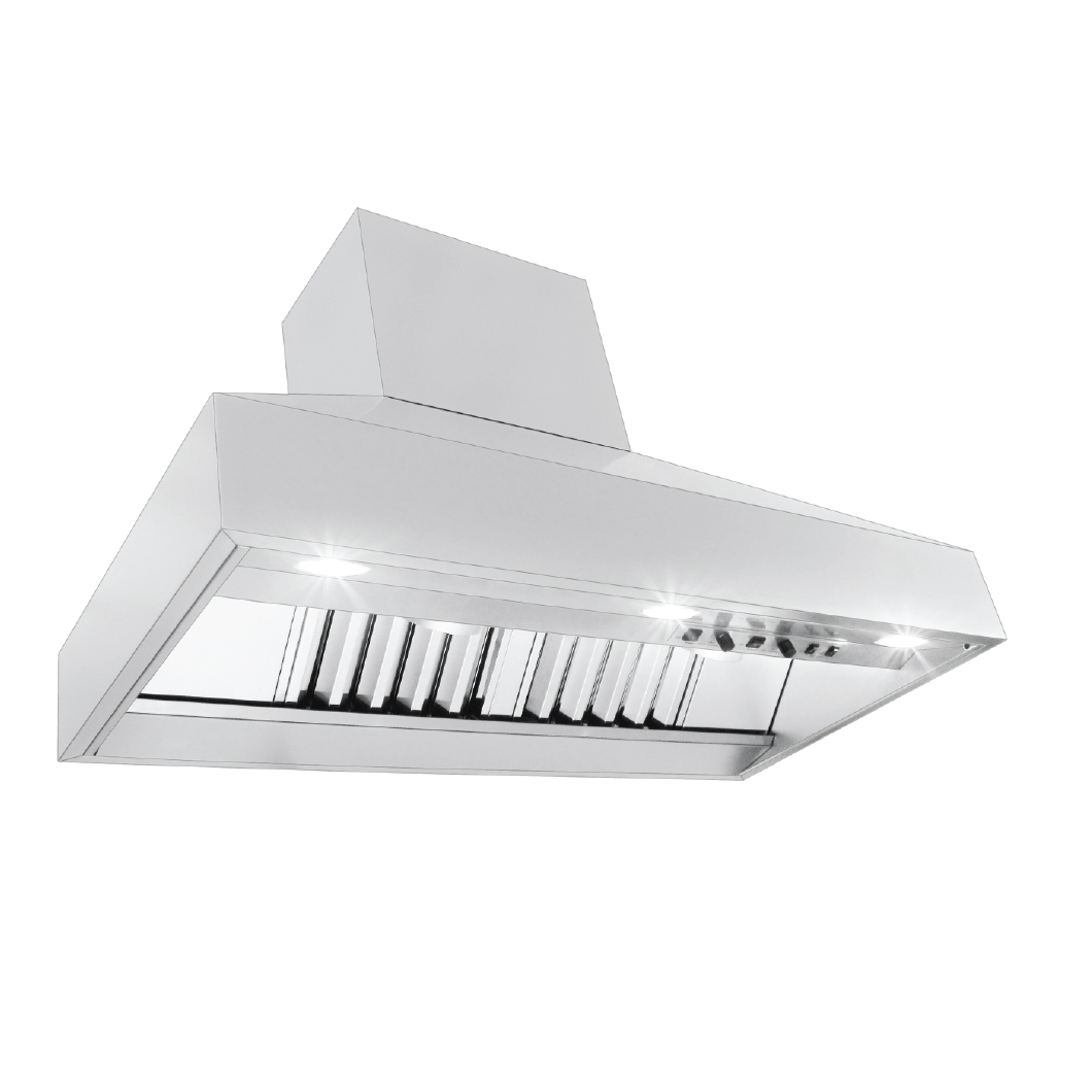 Sleek stainless steel range hood with lights, powerful 1300 CFM blower. Available in 54" and 60" sizes by ProlineRangeHoods.com.