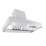Sleek stainless steel range hood with lights, powerful 1300 CFM blower. Available in 54" and 60" sizes by ProlineRangeHoods.com.