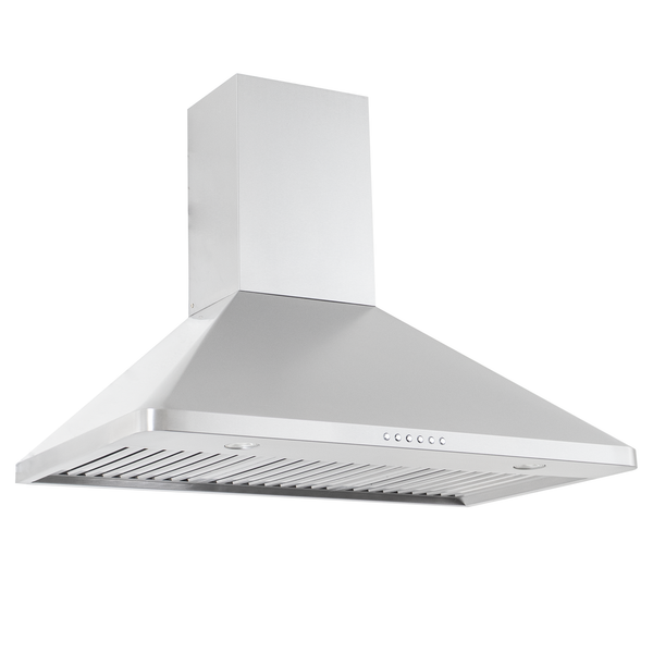 ProlineRangeHoods.com ductless stainless steel wall mounted hood, 600 CFM, has a rectangular chimney and front controls.