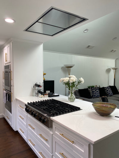 Customer kitchen with the Proline PLFI - 42-Inch Ceiling Flush Mount Range Hood, 1200 CFM | Stainless Steel Finish