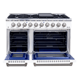 The Proline PLSR 48GG range features 8 burners, dual ovens, a griddle, white doors. ProlineRangeHoods.com.